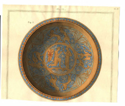 A metal dish decorated with a knight kneeling on the bridge before a lady in the inner circle and a man engaged in combat with various animals in the outer circle, owned by Francis Douce