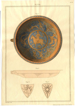 A metal dish decorated in the middle with a man on horseback carrying on his fist a hawk, a side view and two devices carved on the convex side of the dish, owned by Francis Douce