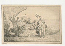 A Roman soldier helping a woman get off the trireme while other soldiers are preparing to moor