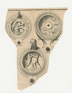 Three Roman oil lamps, one decorated with a man wrestling with four lions, one with shields of various shapes, helmets and boots, the other one with two naked Roman boxers