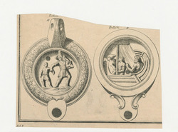 Two ancient Roman oil lamps, on the left a lamp decorated with Aeneas carrying his father Anchises on his shoulders and holding his son Ascanius by the arm, on the right is a lamp decorated with Ulysses fastened to the mast of his ship