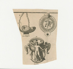 Three ancient oil lamps, at top left a pendant oil lamp in the shape of a dove, at top right an oil lamp decorated with Cupid holding a lighted torch, at bottom an oil lamp supported by three Cupids or three winged boys