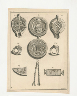 Set of Christian antiquities among which a circular medal, two ancient oil lamps, two rings, two seals with Greek inscriptions and a chain with pendants