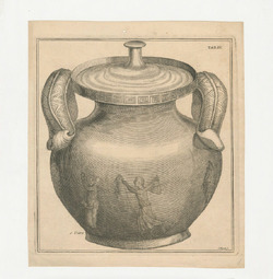 Ancient glass amphora with two handles and a lid decorated with two winged figures, one holding a lighted torch