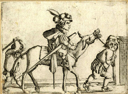A dwarf riding a mule, another one going in front and a third beating from behind