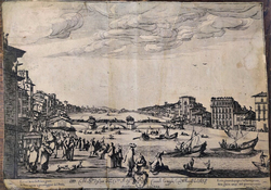View along the river Arno at Pisa, showing the 'Gioco del Ponte' with two groups battling for control of the bridge