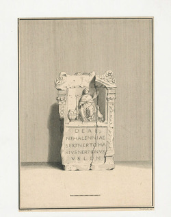 Votive altar with Latin inscription decorated with a female figure seated flanked by a basket of apples and a dog