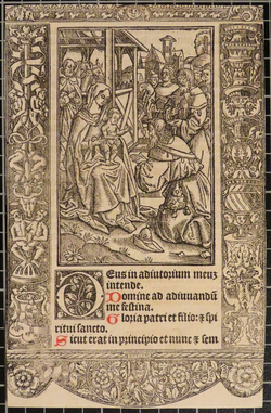 Nativity scene with the Holy family and the three kings presenting their gifts