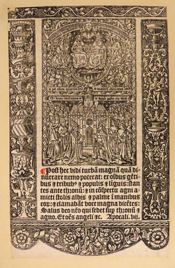 The Holy Trinity on high, surrounded by angels and saints with, below them, a cathedral with kneeling prelates on either side