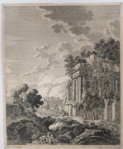 Landscape with travellers in front of a Roman ruin to the right and covered water ducts on the left