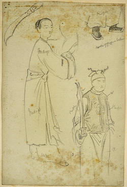 Studies of two Chinese Figures, with colour notes, for an Illustration to 'Temujin'