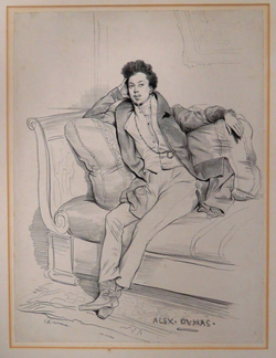 Full-length portrait of Alexandre Dumas seated on an ottoman
