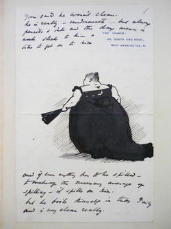 Illustrated letter with caricature of a woman in evening dress holding a fan