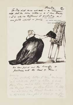 Illustrated letter with caricature of a woman in evening dress pointing at a painting with her fan