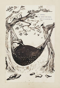Illustrated letter with caricature of a woman in evening dress asleep in a hammock
