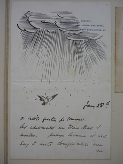 Illustrated letter with a bird flying up into the clouds and the rays of the sun emerging from behind a mountain ridge