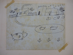 Illustrated letter with village scene including a house, church, graveyard, flying birds, ducks on a pond, a pig, and flowers