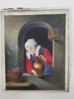 Old woman at the window, holding a jug to water flowers