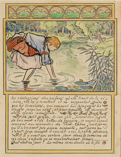 Young girl standing in a stream, plunging her hands into the water: illustration for 'La Reine des Poissons'