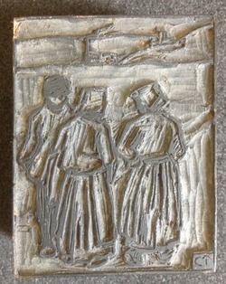 One of five woodblocks for Three Peasants, illustration to 'Trois Paysans Causant dans les Champs', the line block