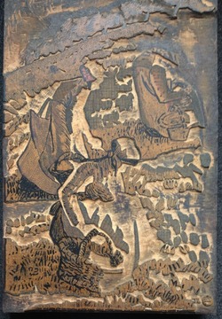 One of six woodblocks for Les Femmes Faisant de L'Herbe, illustration to 'Les Travaux des Champs'