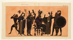 Print of the Decoration on a Greek Amphora, showing Hephaestus, Hera, Poseidon, Apollo, Zeus, Athena, Eileithyia, Heracles and Ares
