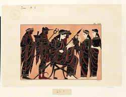 Print of the Decoration on a Greek Hydria, showing Dionysus, Hermes, Hera, Zeus, Hestia and Ariadne
