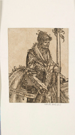 A mounted Man holding the Staff of a Banner (cut from a Plate in 'The Triumph of Maximilian')