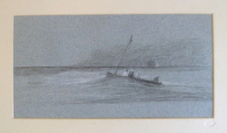 Recto: Lone Boat on Sea, on blue paper 
Verso: Man driving Cattle