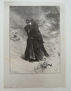 Illustration: a forlorn woman struggling through winter snow