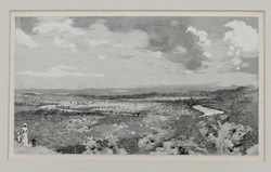 Distant landscape, with wide plain, and winding river to the right leading to an estuary