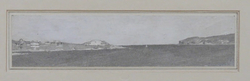Seascape with headlands to left and right, a yacht in the centre and buildings on the left headland