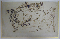 Recto: A groom leading a horse towards the left with spectators behind
Verso: Landscape with a wooded slope and cows
