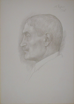 Portrait head of William Strang in profile to left