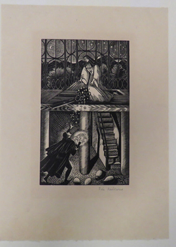 Illustration for 'Famous Tragedy of the Jew of Malta': nun throwing jewels down to cloaked figure with torch