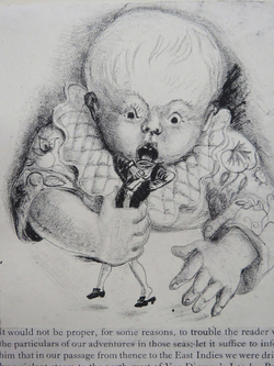 Baby attempting to eat a man, possibly Gulliver