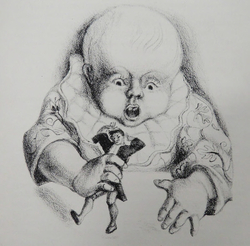 Baby attempting to eat a man (possibly Gulliver)