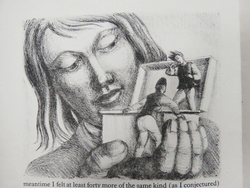 Gulliver holding in the palm of his hand a small open box and two Lilliputians