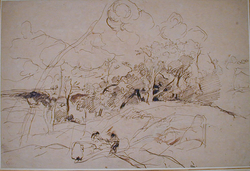 Recto: Two men sawing a large log
Verso: View through a rocky gully opening into heavy woodland