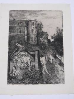 House in the background with crest and dog in the foreground