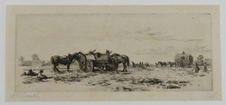 Harvesting scene with cart horses and cart