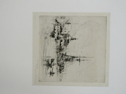 Harbour scene with rigged sailing boat and rowing boats