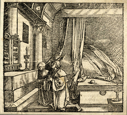 Recto: a couple kneeling in prayer in their bedroom
Verso: Letterpress