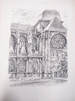 View of part of gothic church, rose window on the right, nave on the left with spirelets