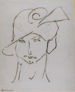 Head of a woman wearing a hat