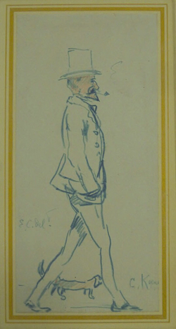 Caricature of Charles Keene walking with a dachshund at his feet