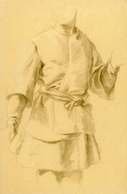 Study of a standing figure wearing a short tunic, seen from the front