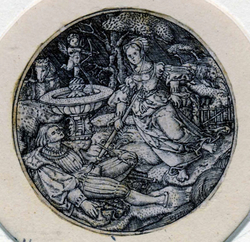 Ornament design for brooch with central image of Jaël killing Sisera