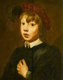 A Young Boy Wearing a Red Beret with Feathers