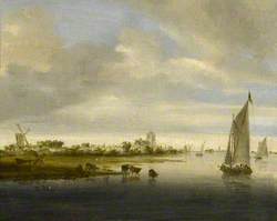 River Landscape with a Sailing Boat Passing Cattle
